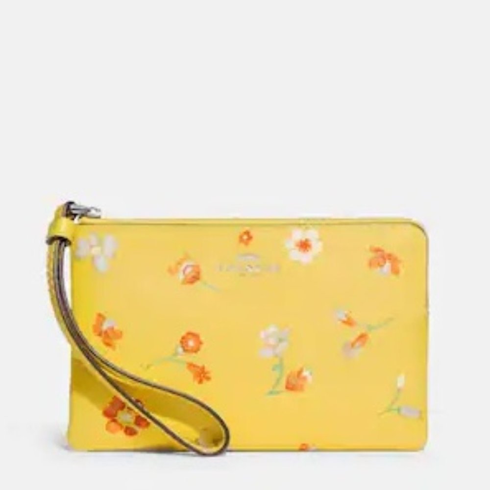 Coach Corner Zip Wristlet With Mystical Floral Print Silver/Yellow Multi Color: